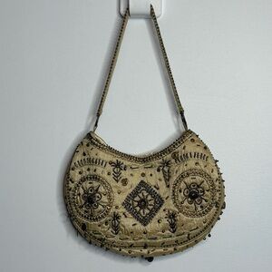 Smart Set Silk Beaded Tan Bag Magnetic Closure